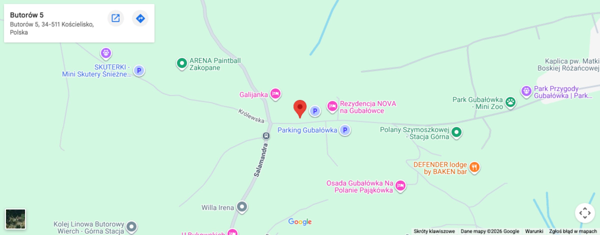 Mapa - baza Snow Safari, Butorów 5, Kościelisko