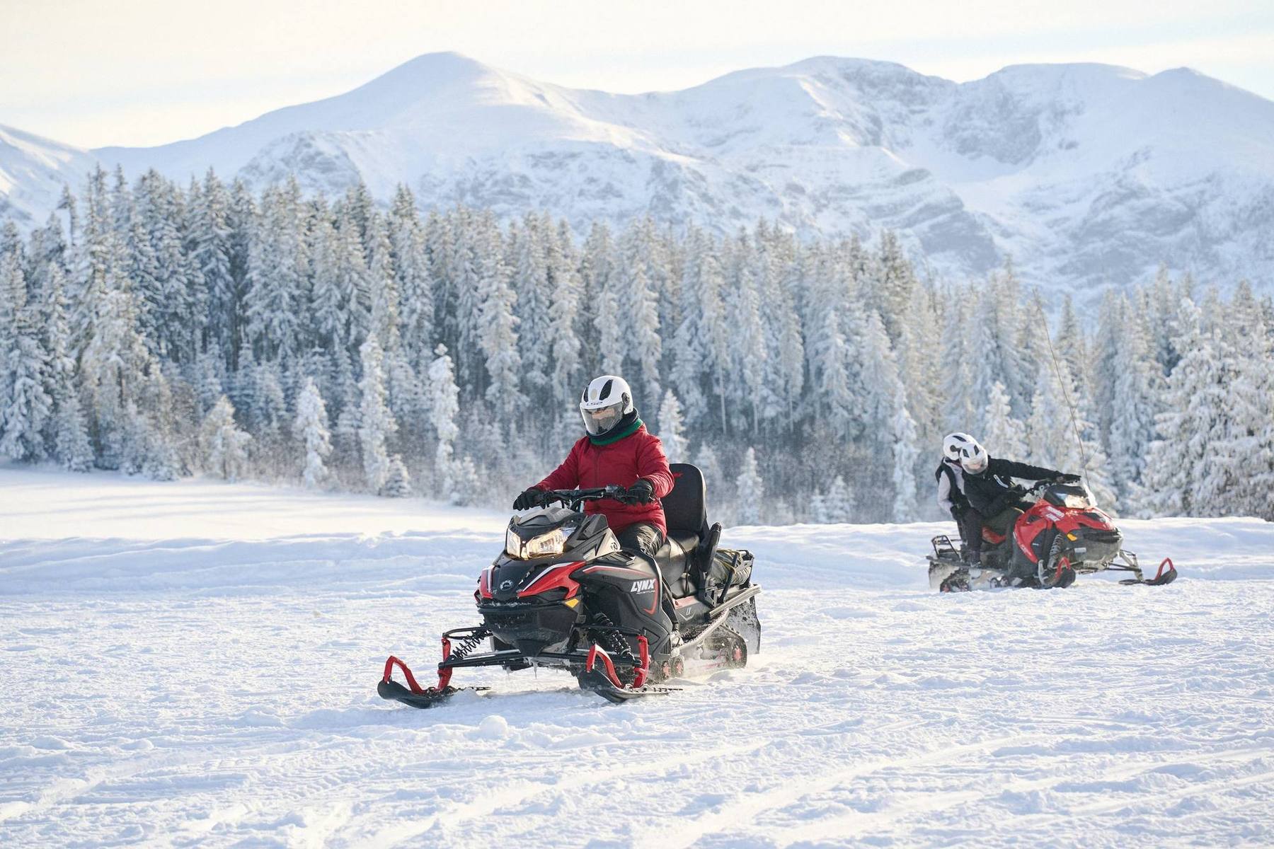Kolumna czerwonych skuterów śnieżnych w zaśnieżonym lesie pod Gubałówką - Snow Safari Zakopane